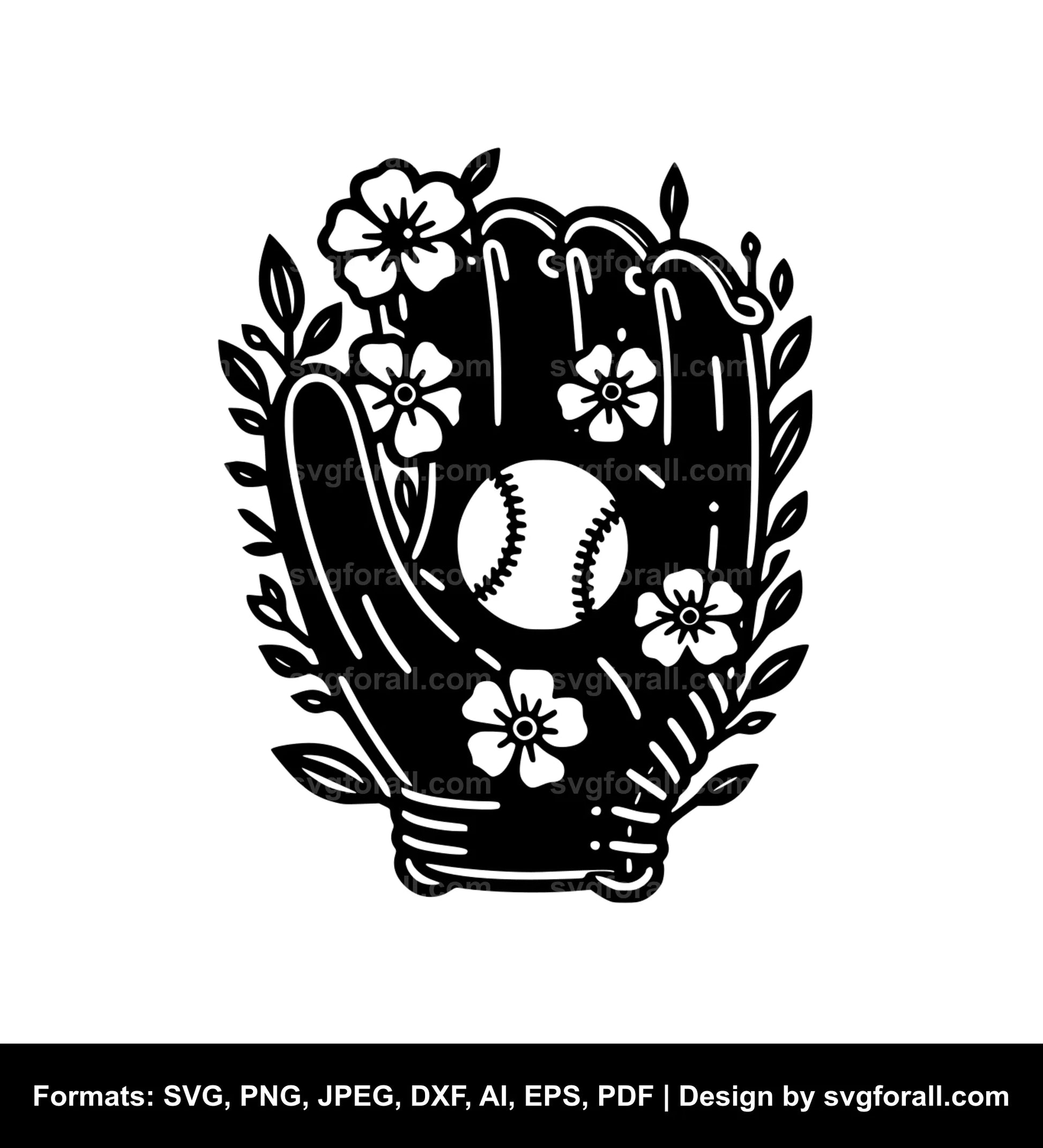 Baseball Glove With Flowers Black SVG