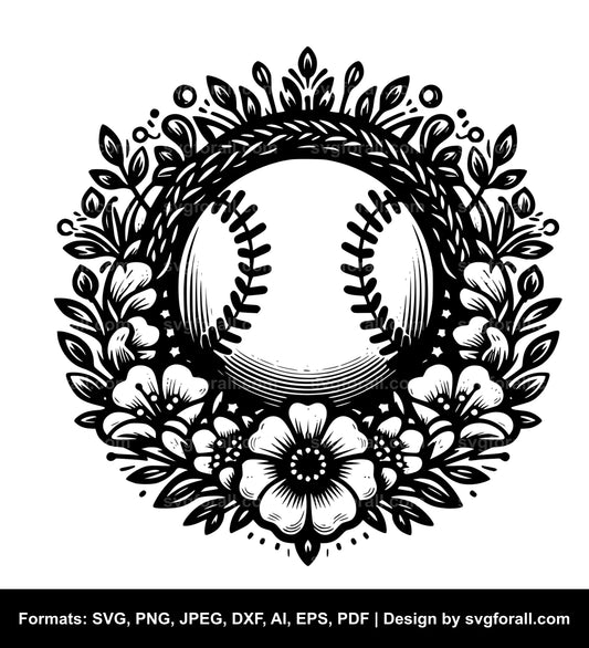 Baseball With Flowers Black SVG