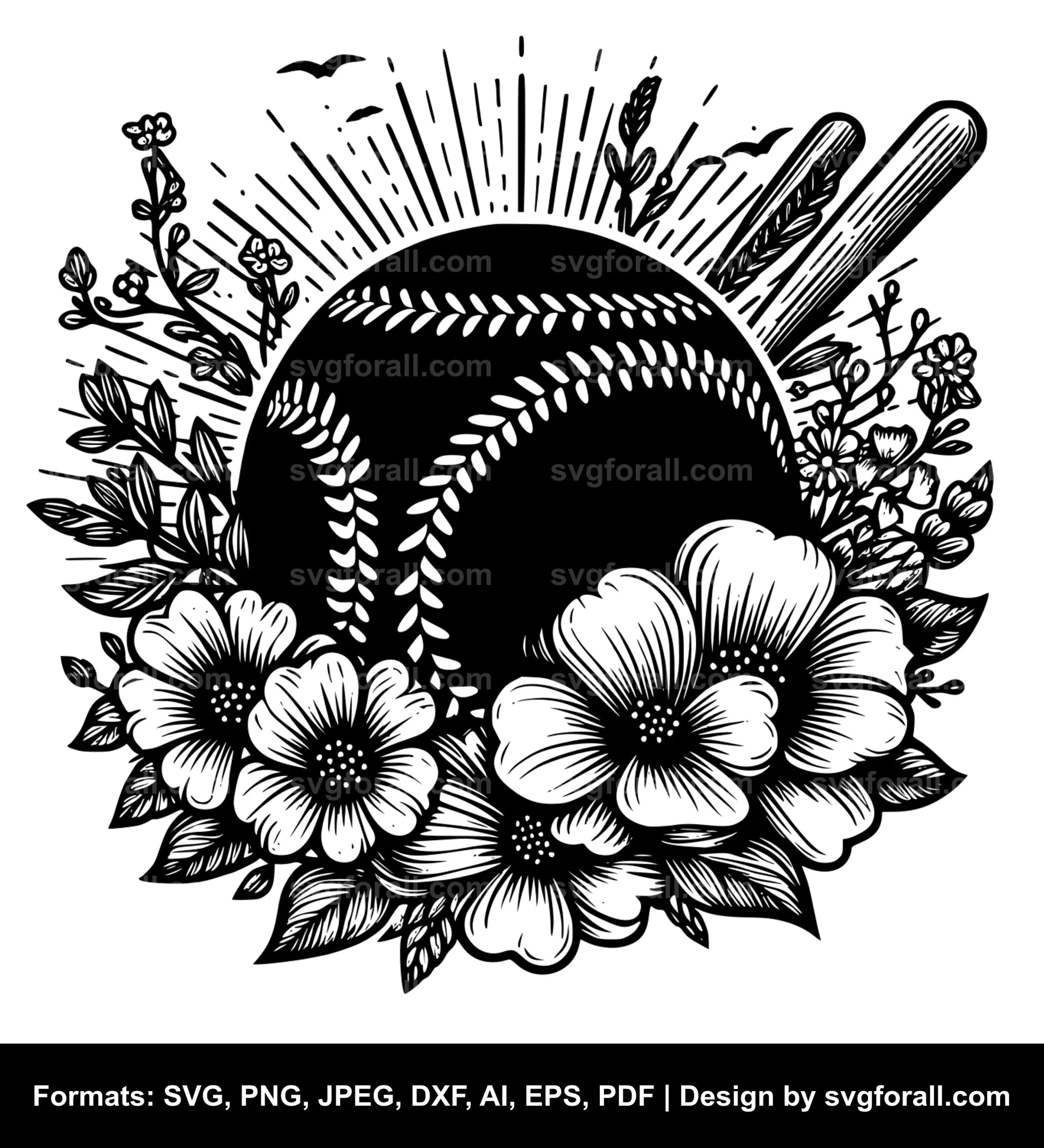 Baseball With Flowers Vector SVG