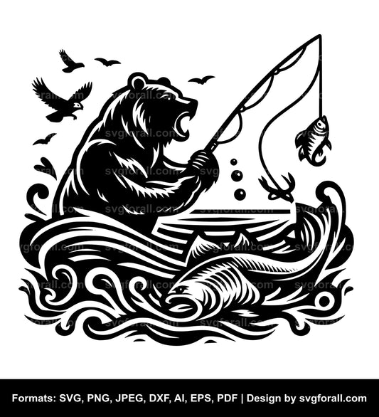 Bear Fishing Black SVG