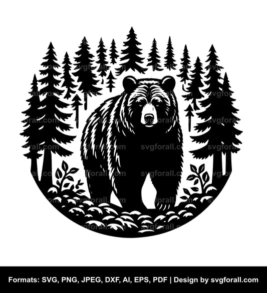 Bear In Forest Black SVG