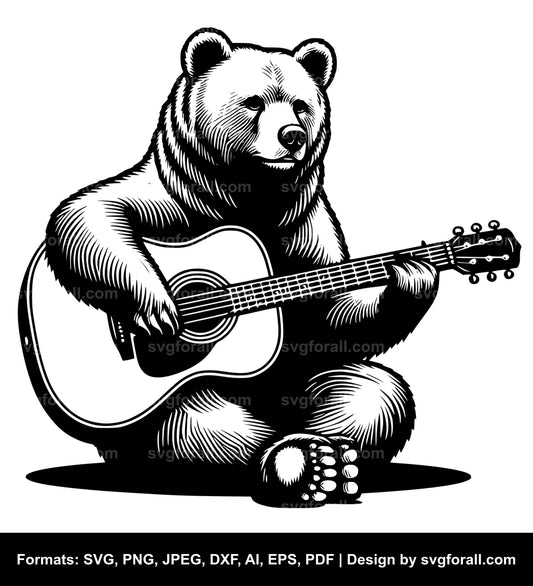 Bear Playing Guitar Black SVG