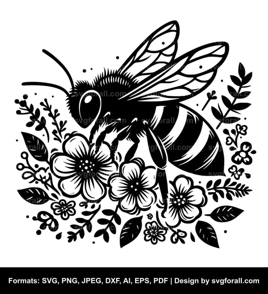 Bee With Flowers Black SVG