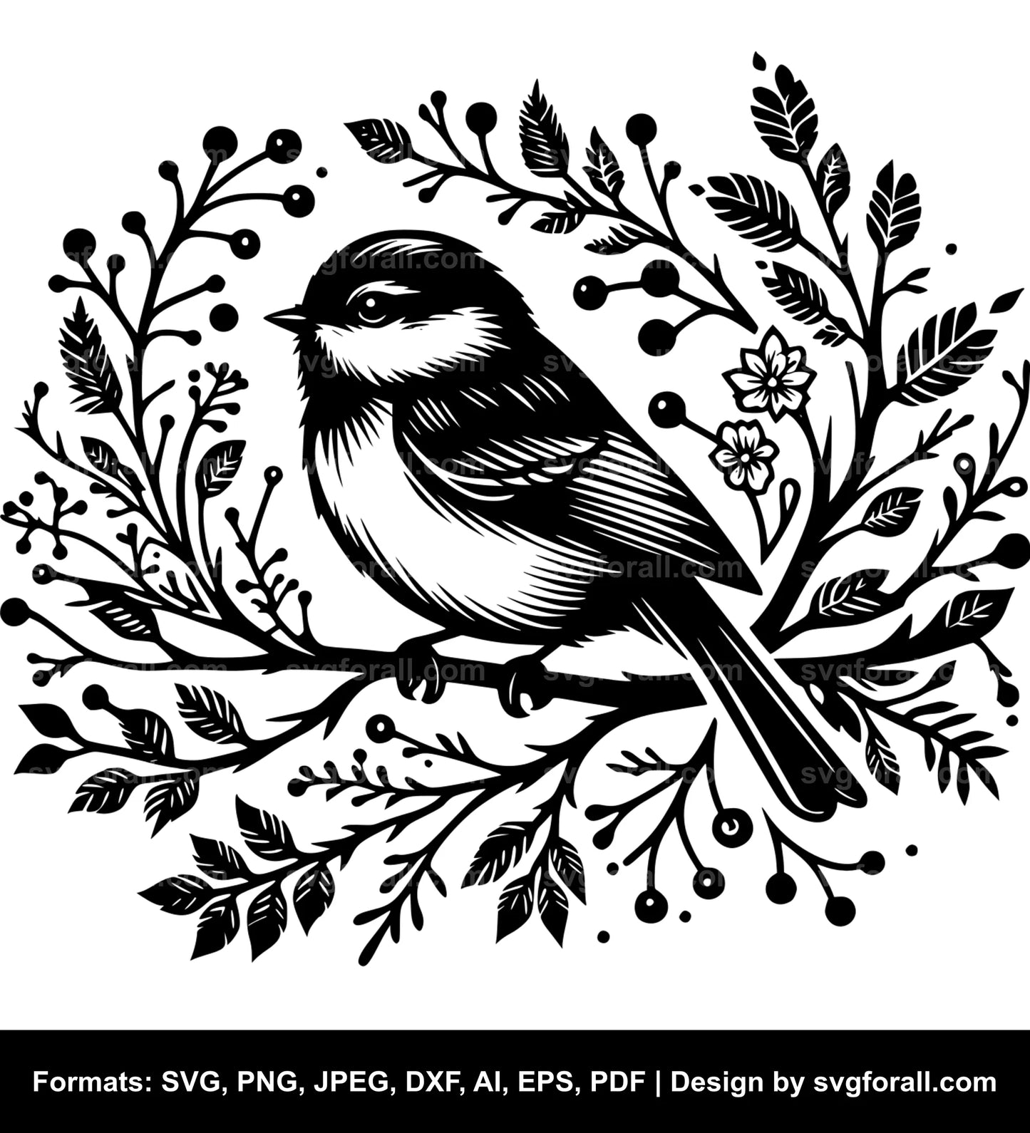 Bird On Branch Black SVG