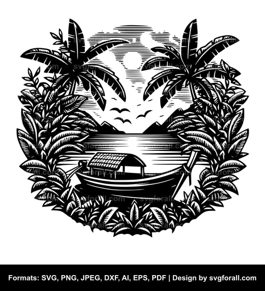 Boat In Jungle Black SVG