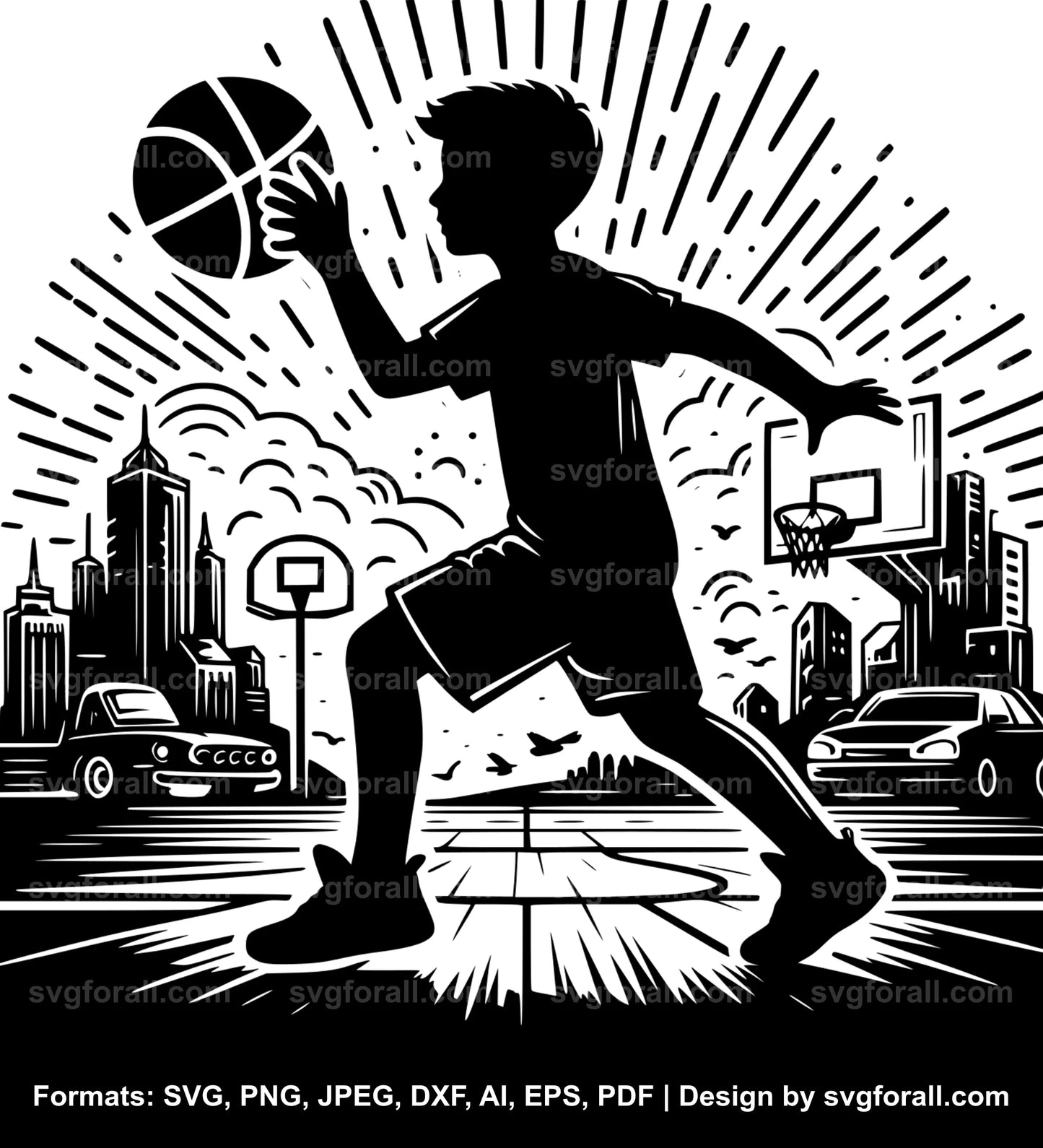 Boy Playing Basketball Black SVG