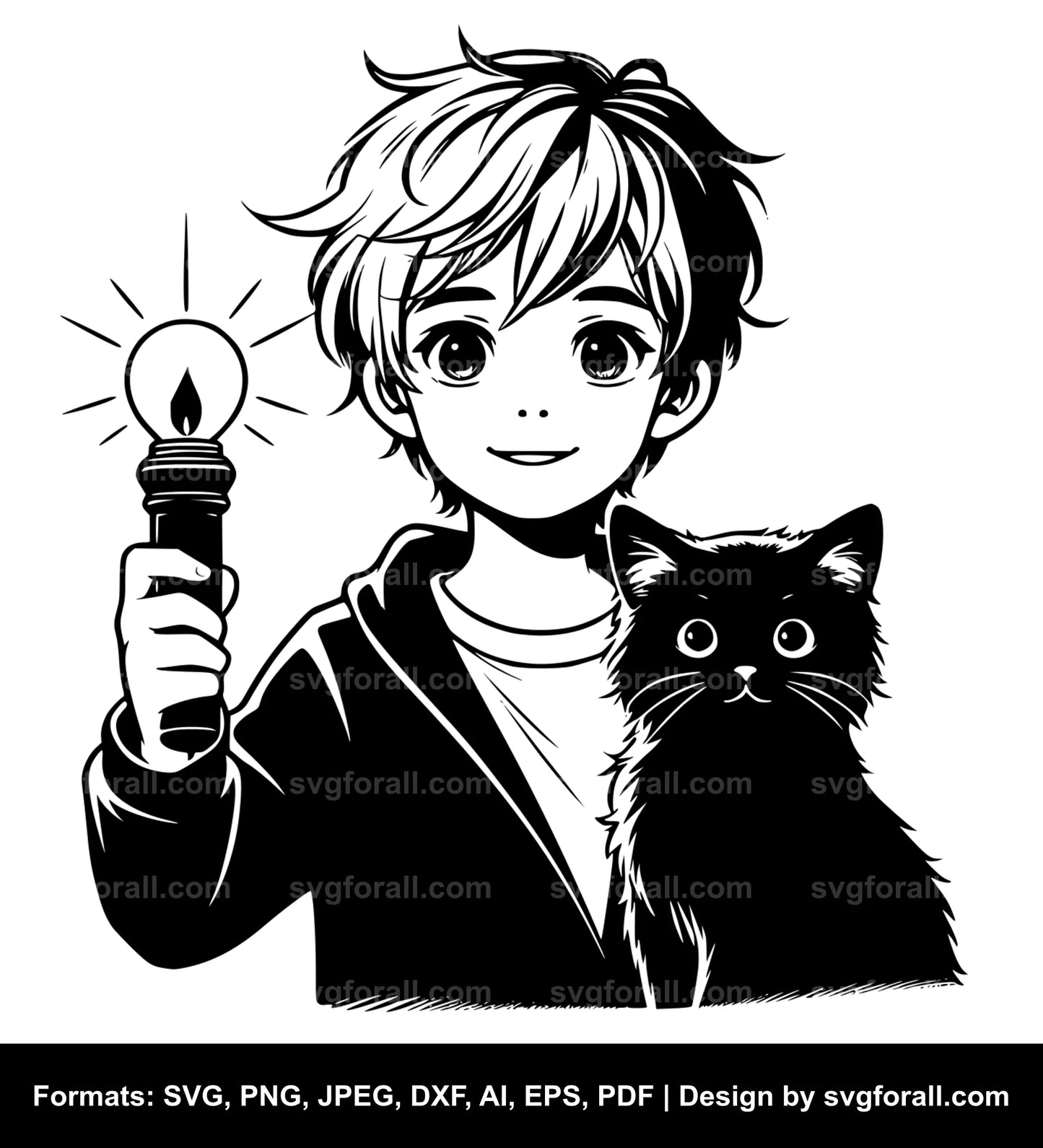 Boy With Cat Black SVG