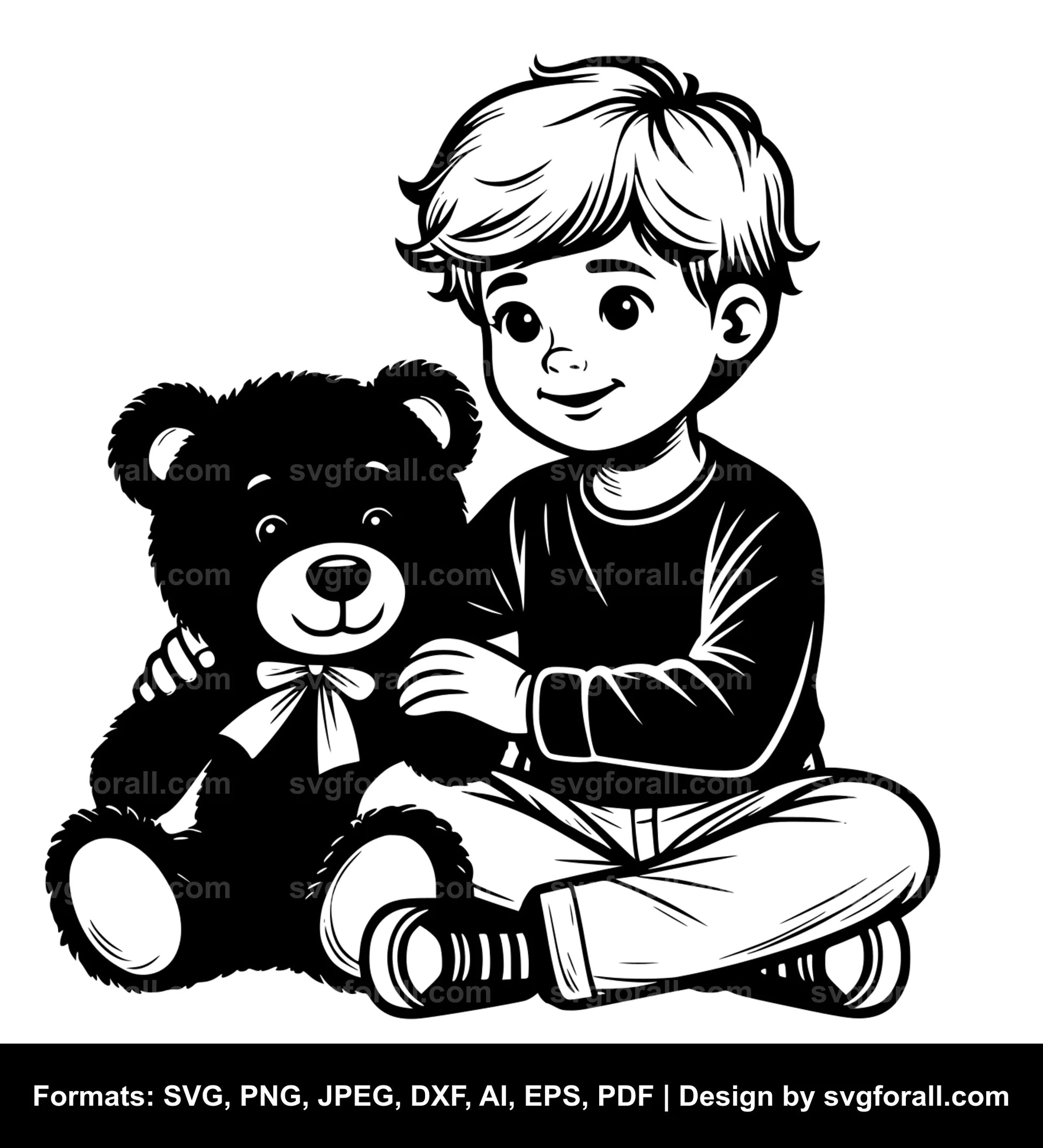 Boy With Teddy Bear Black SVG