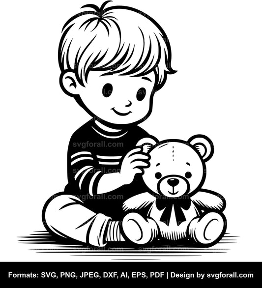 Boy With Teddy Bear SVG Vector