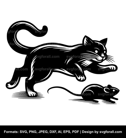 Cat Chasing Mouse Black SVG