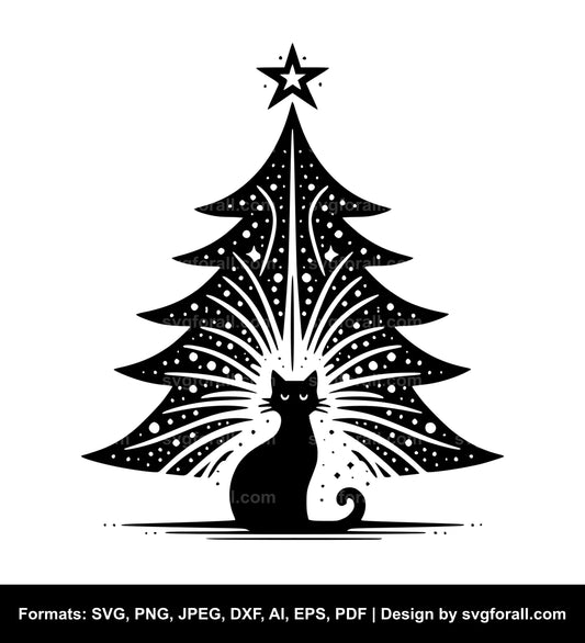 Cat Christmas Tree Black SVG