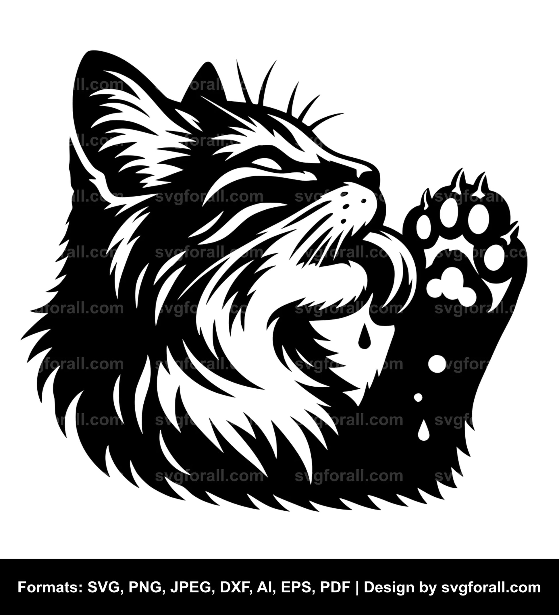 Cat Licking Paw Black SVG