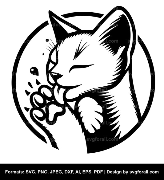 Cat Licking Paw Clipart SVG