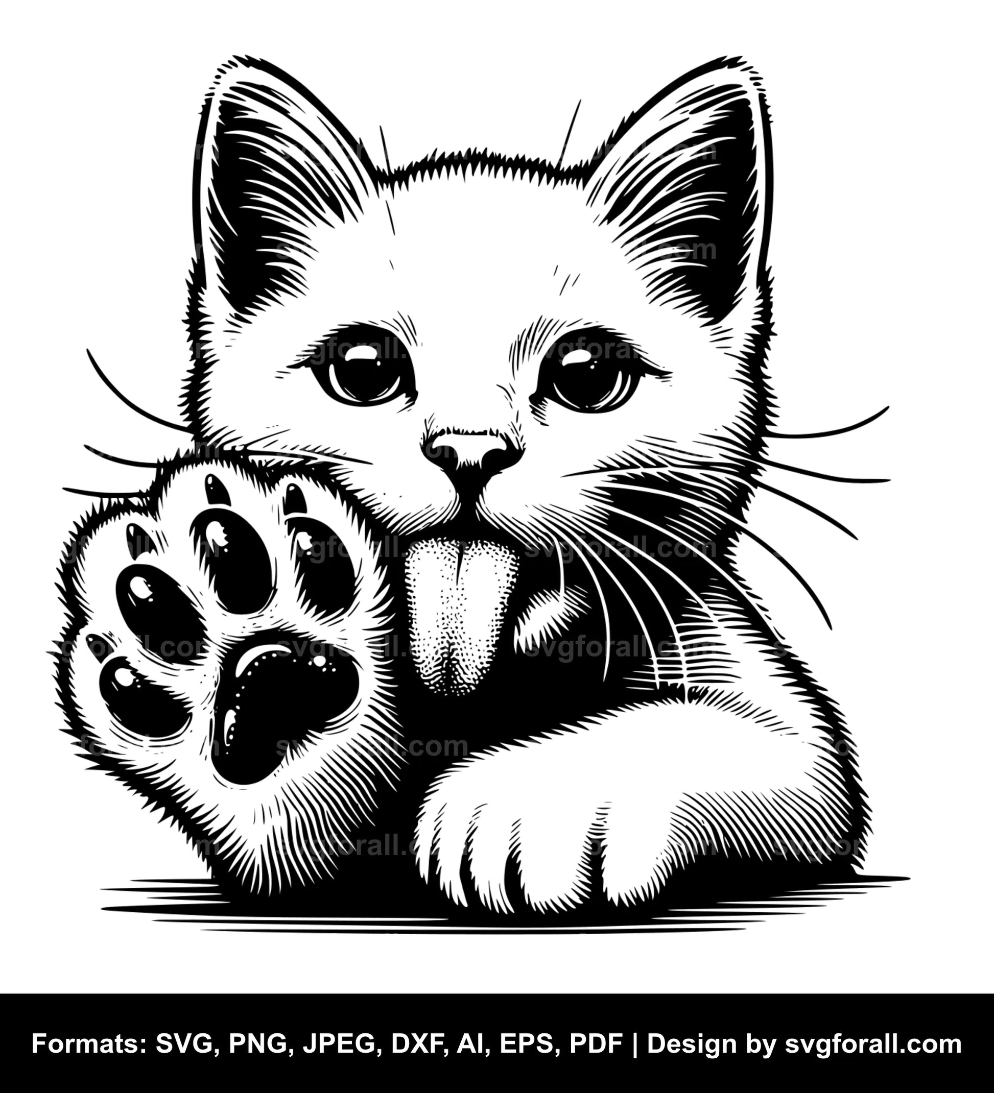 Cat Licking Paw SVG Vector File