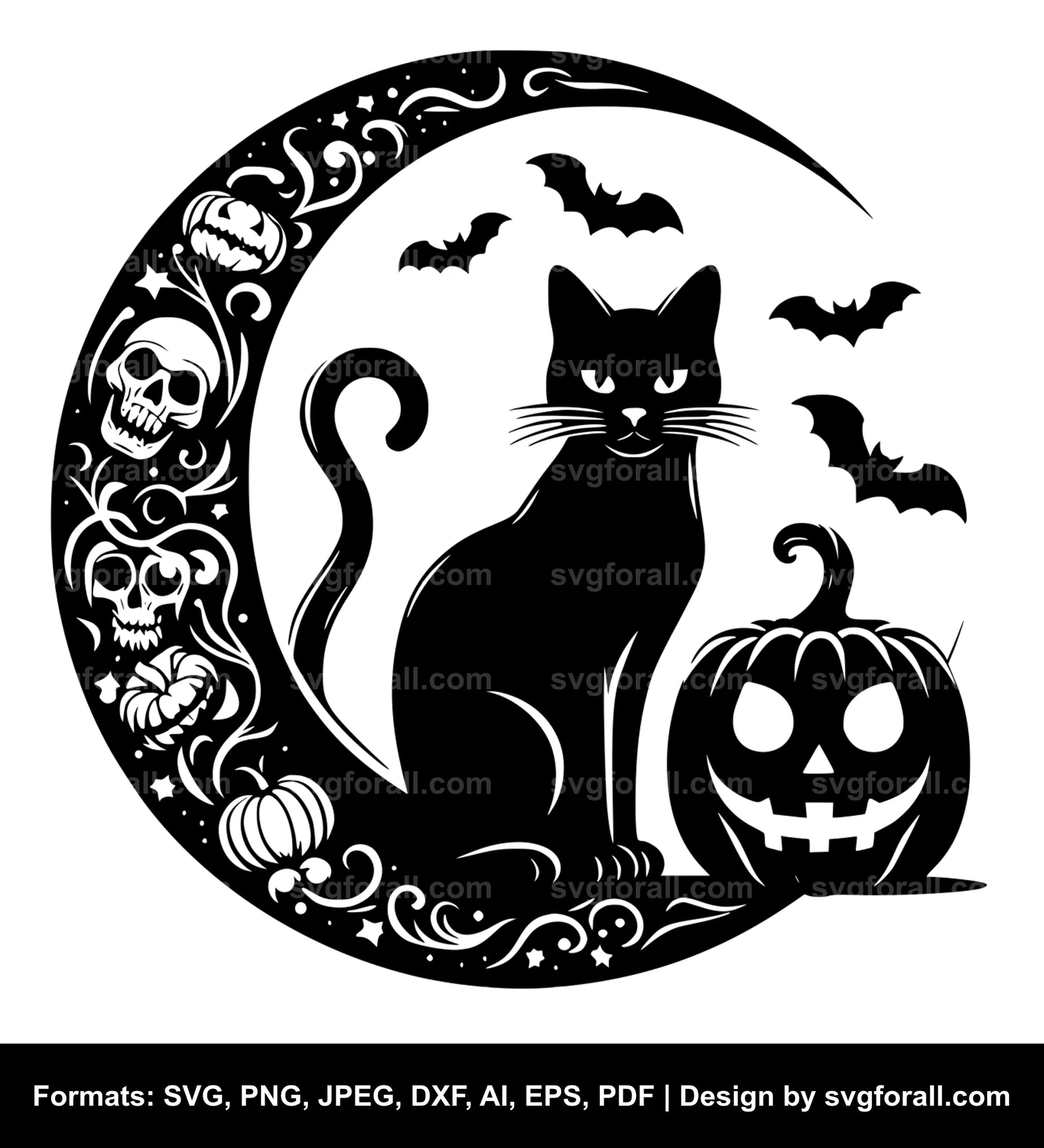 Cat Moon Halloween Black SVG