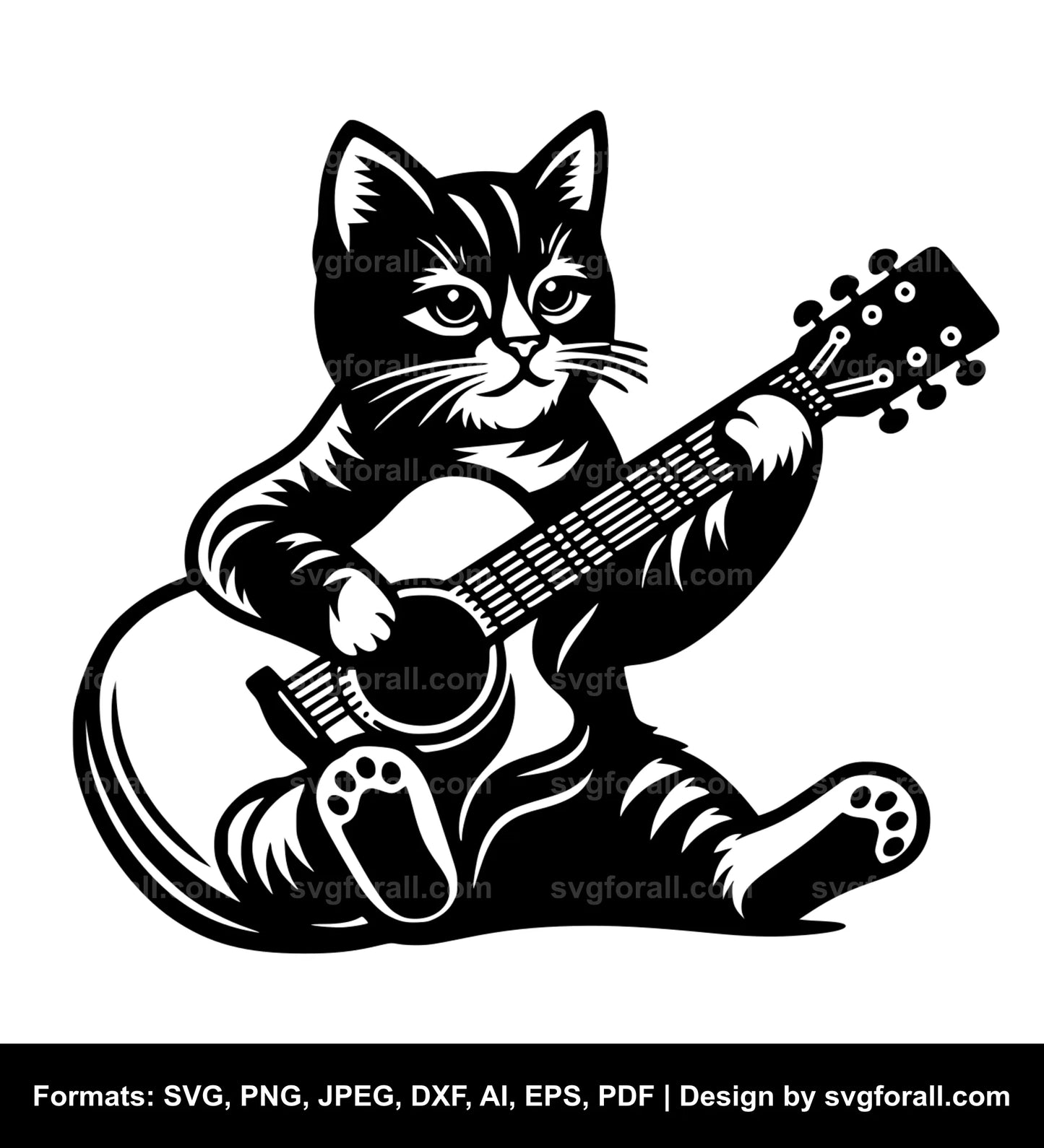 Cat Playing Guitar Black SVG