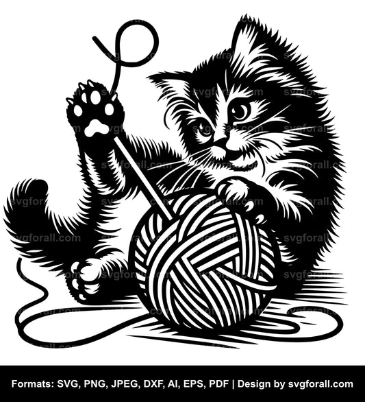 Cat Playing With Yarn Black SVG