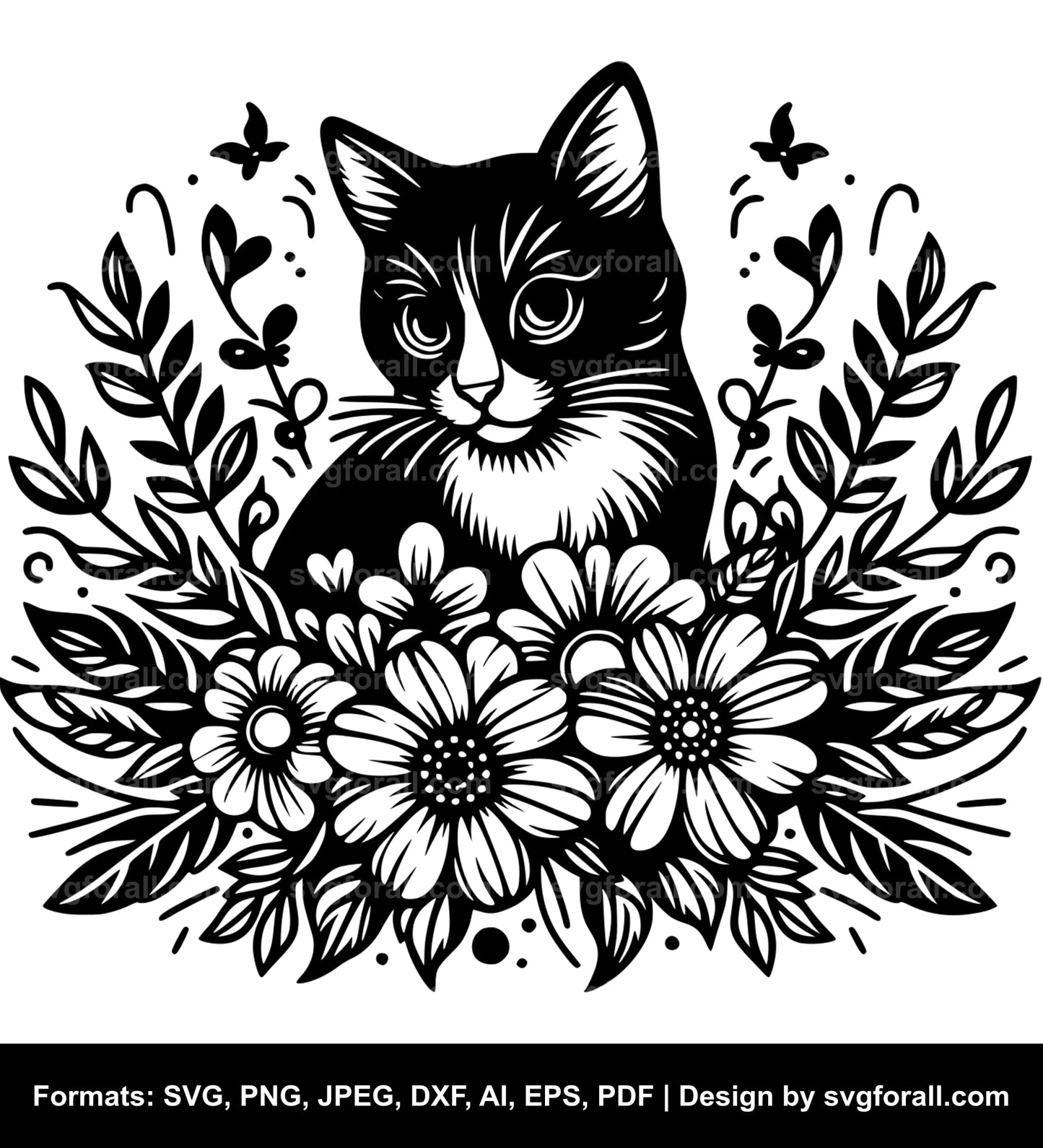 Cat With Flowers Black SVG