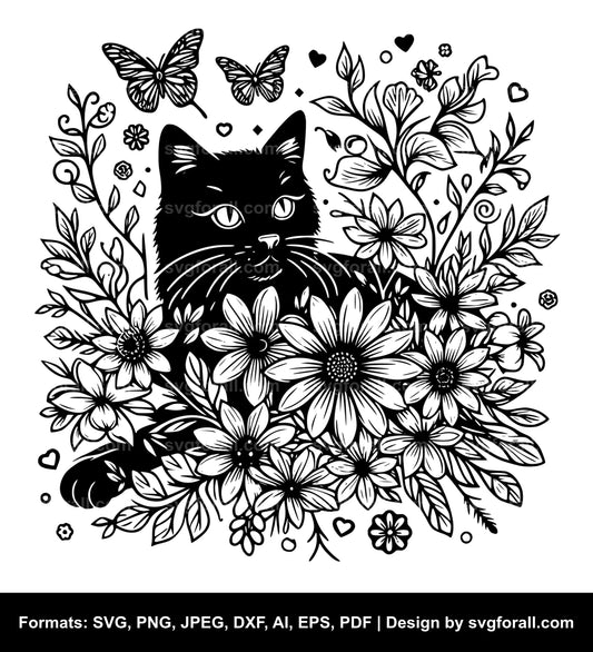 Cat With Flowers Clipart SVG