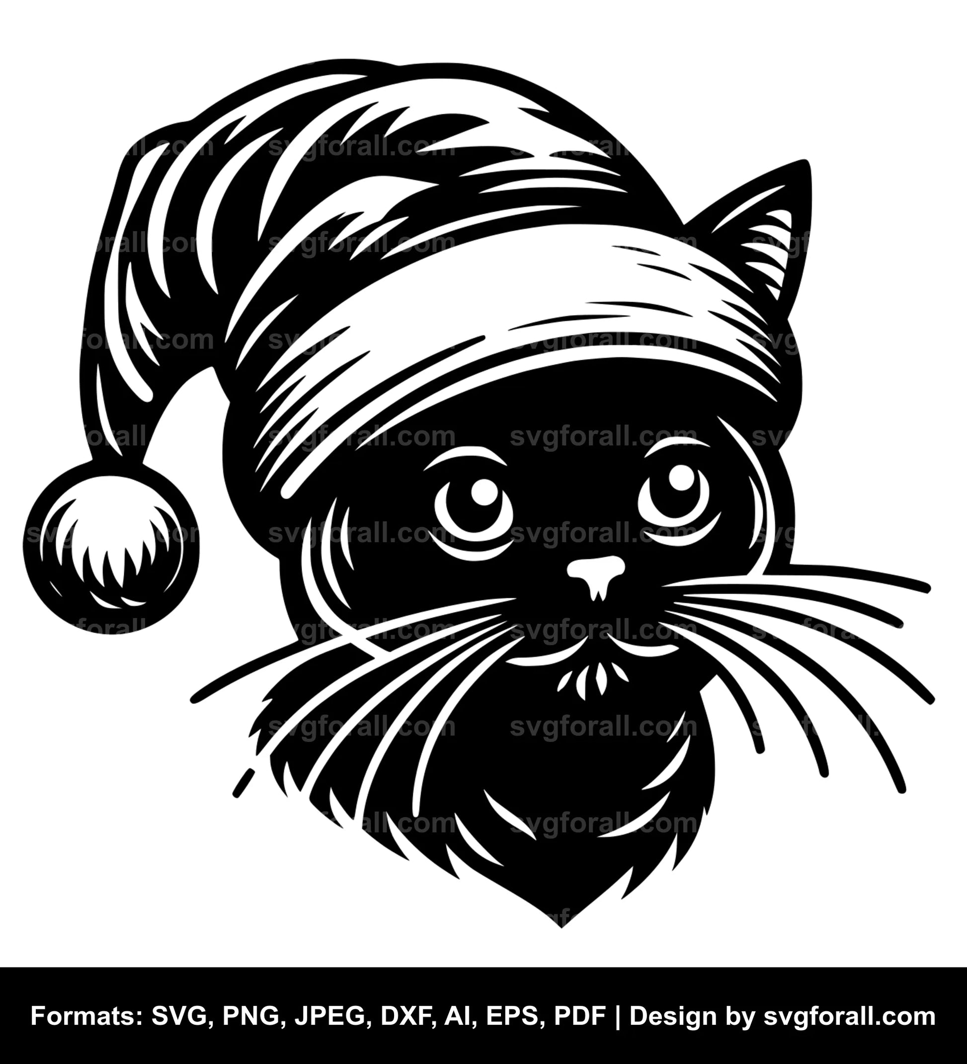 Cat With Santa Hat Black SVG