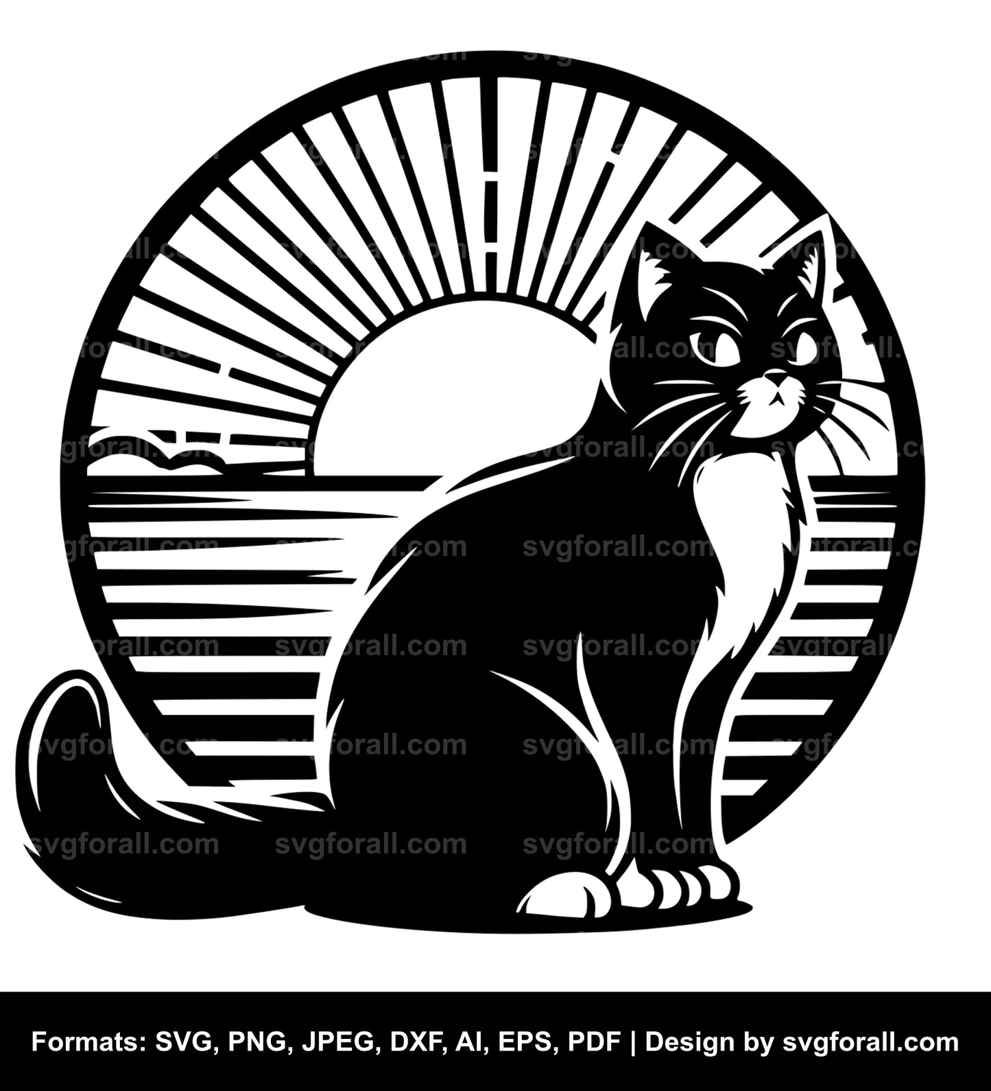 Cat With Sunset Black SVG