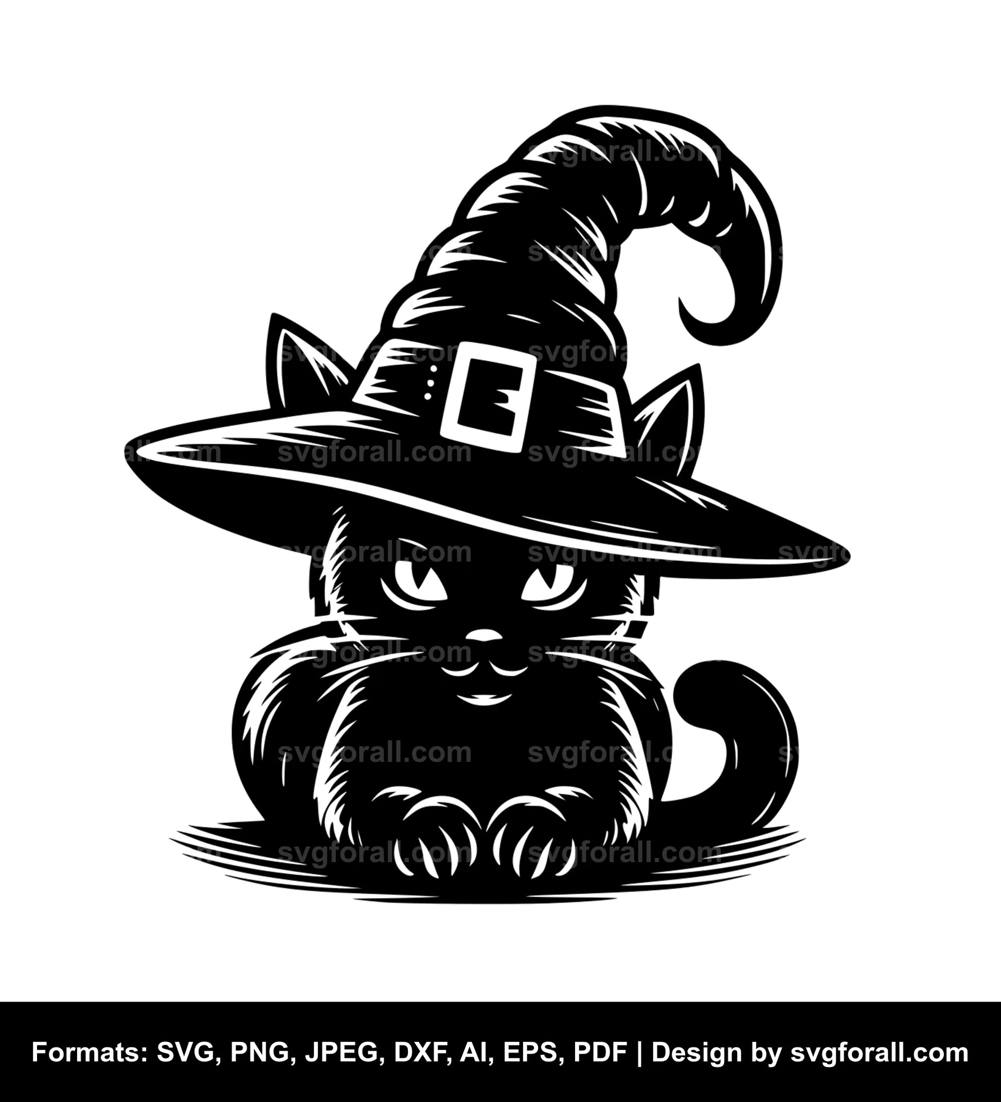 Cat With Witch Hat Black SVG