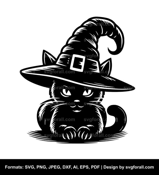 Cat With Witch Hat Black SVG