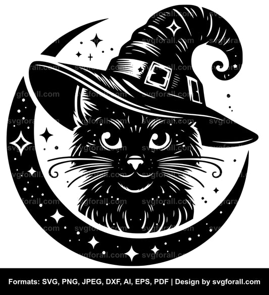 Cat With Witch Hat SVG Design