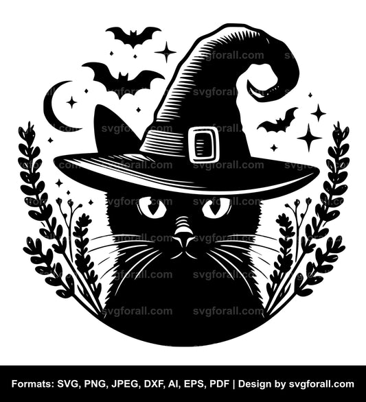 Cat With Witch Hat SVG Vector