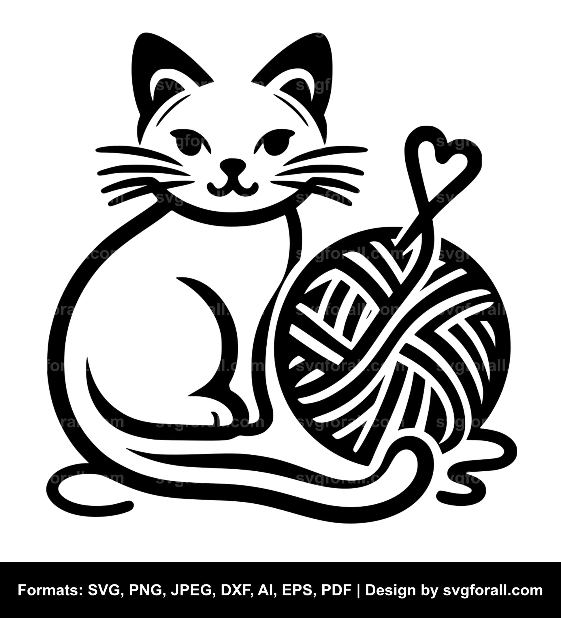 Cat With Yarn Black SVG