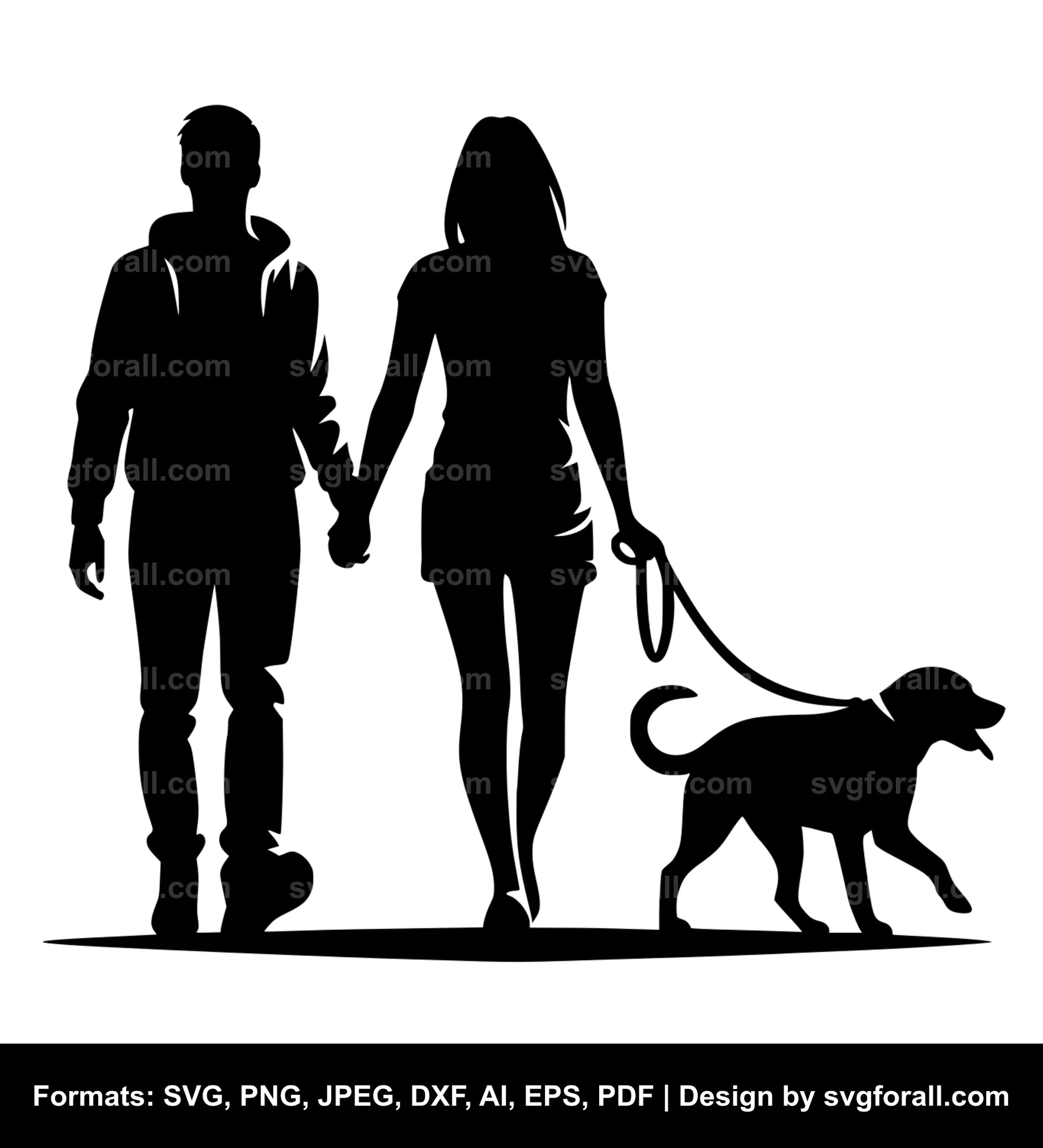 Couple Walking Dog Black SVG