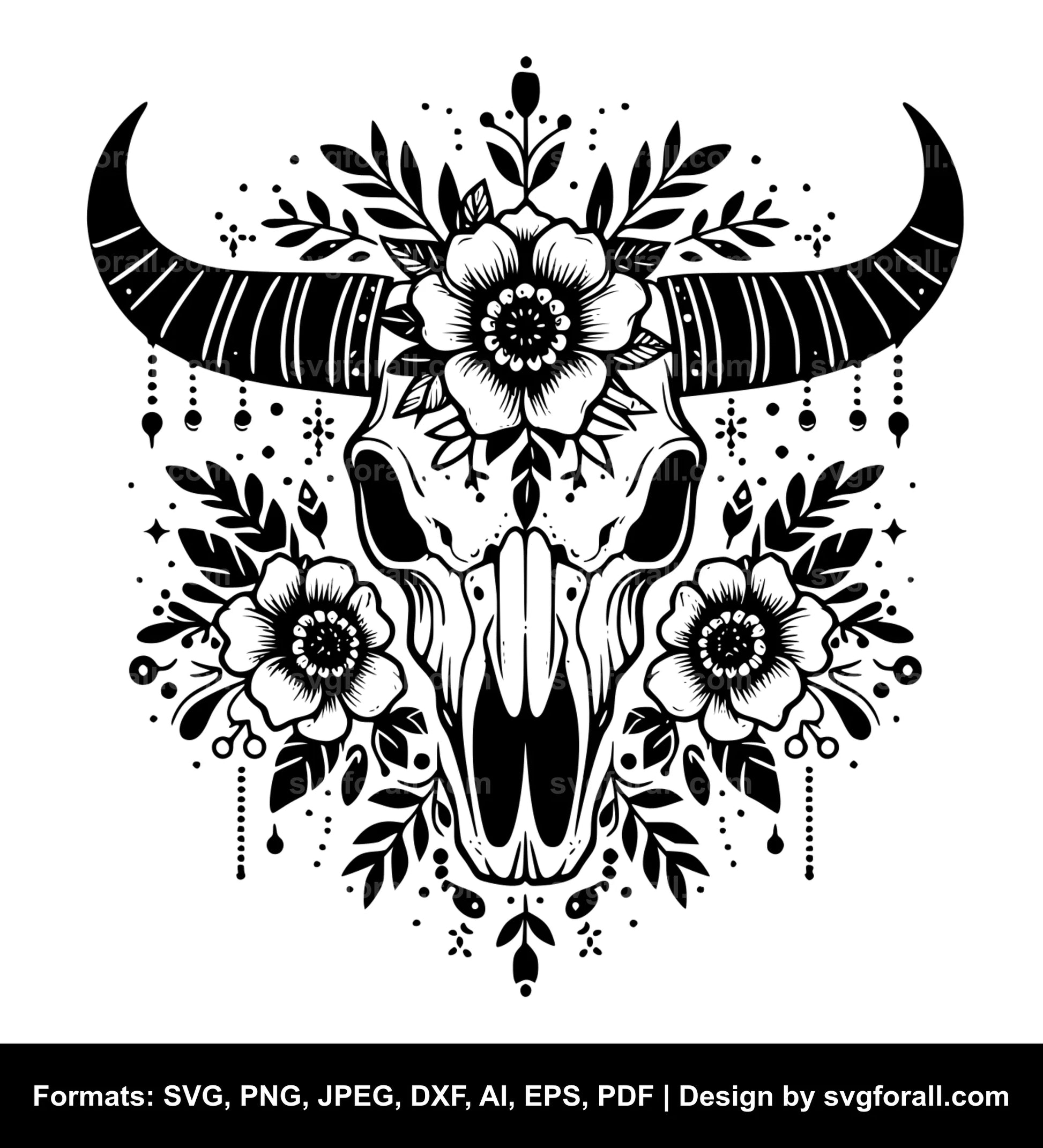 Cow Skull With Flowers Black SVG