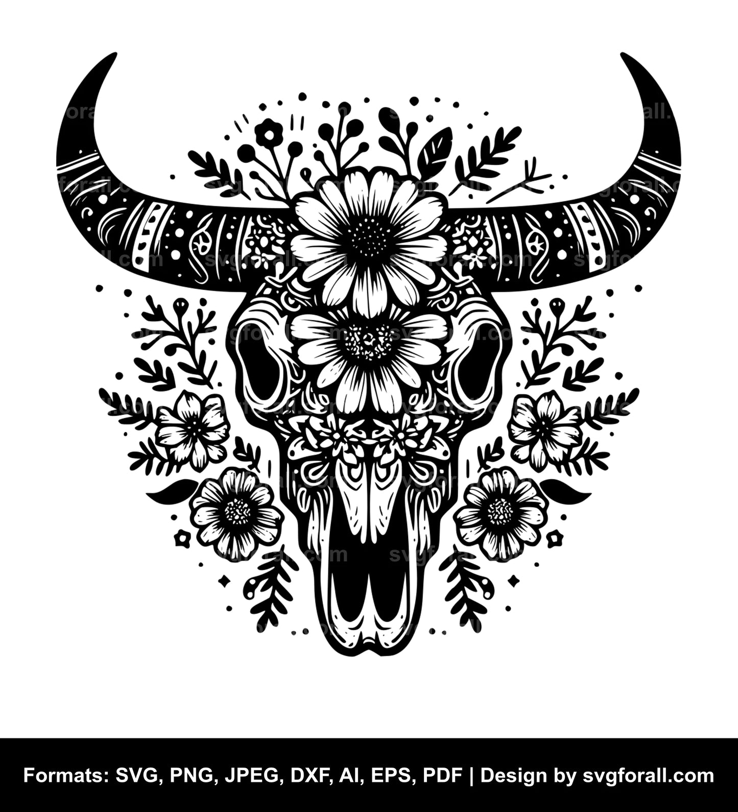 Cow Skull With Flowers Black SVG PNG