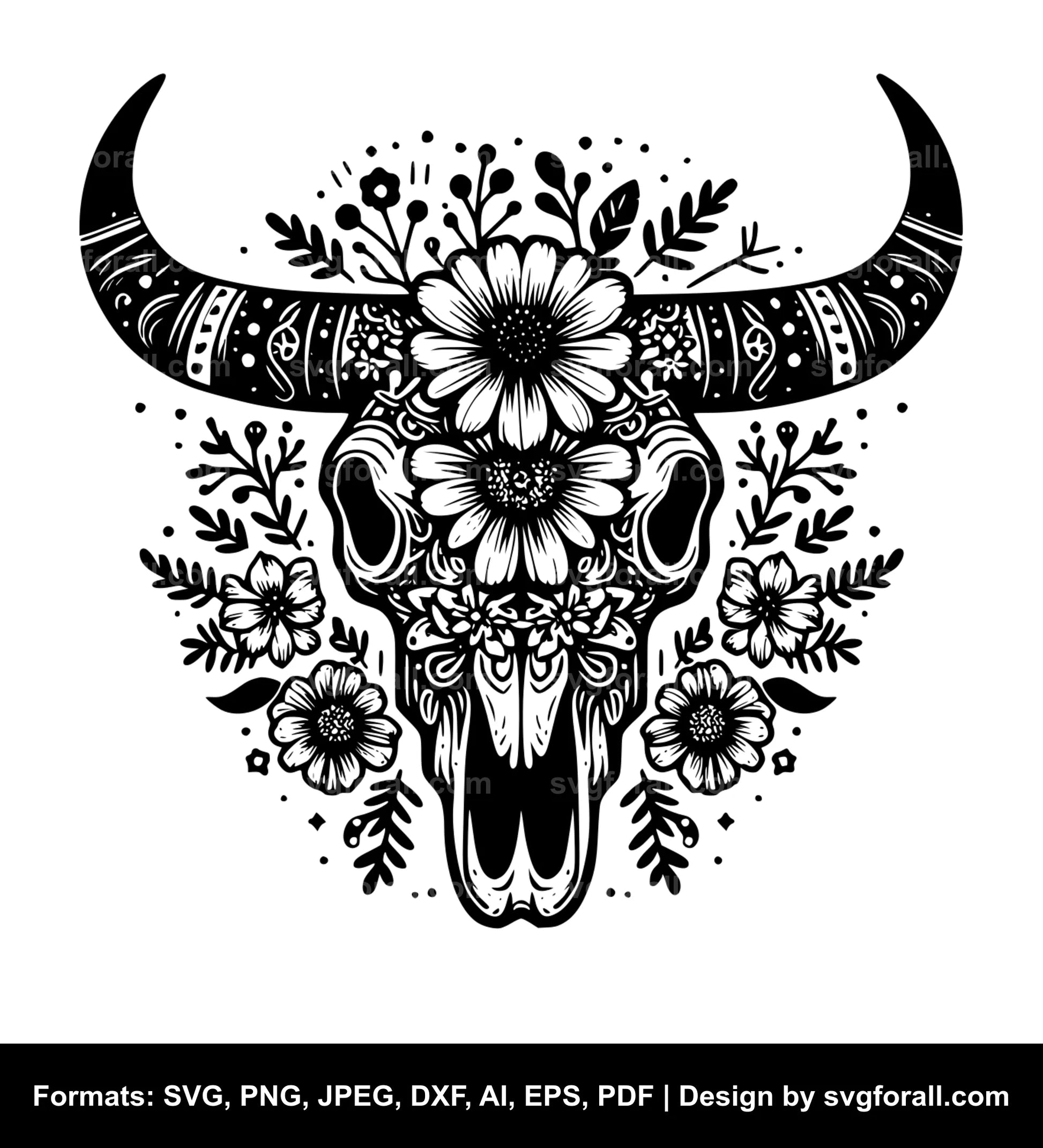 Cow Skull With Flowers Black SVG PNG