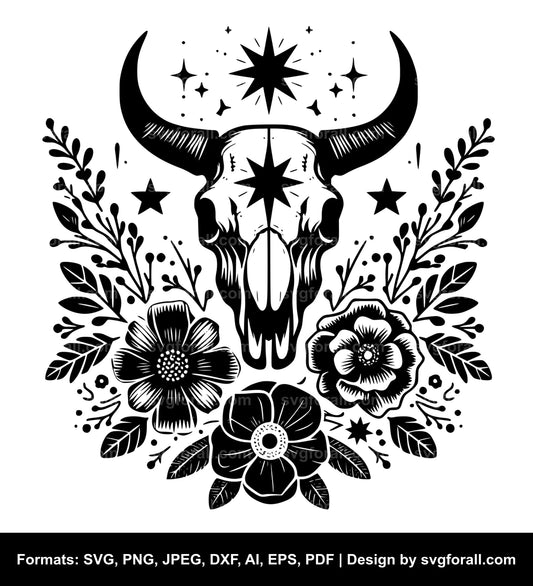 Cow Skull With Flowers SVG