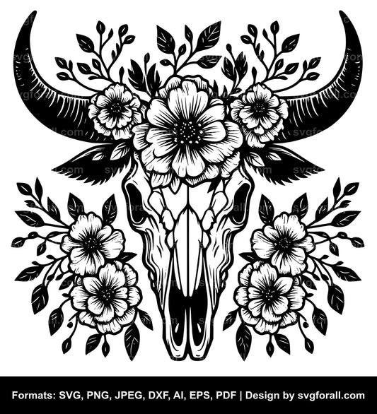 Cow Skull With Flowers SVG Vector