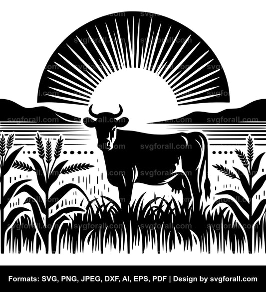 Cow Sunset Black SVG