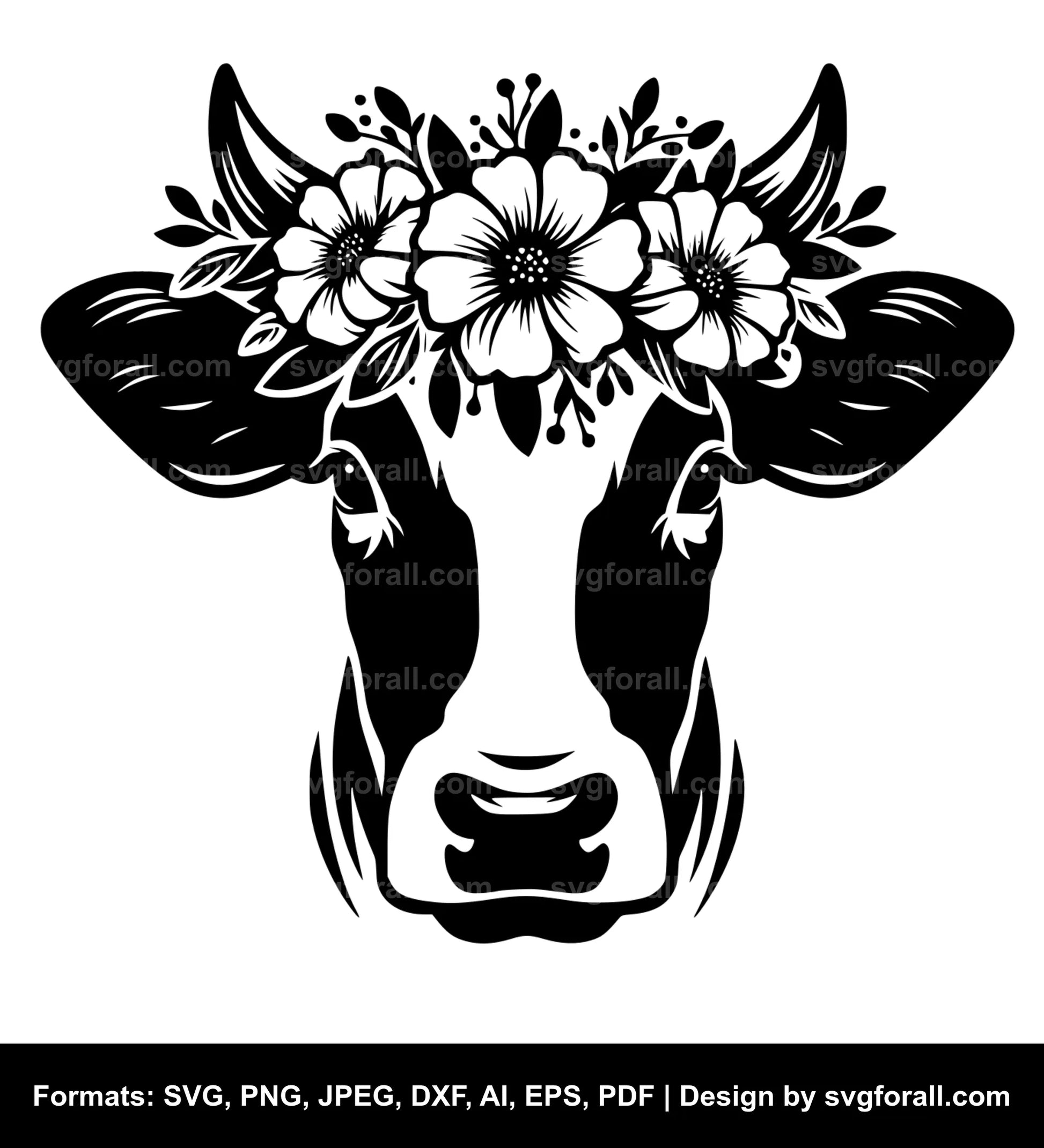 Cow With Flower Crown Black SVG