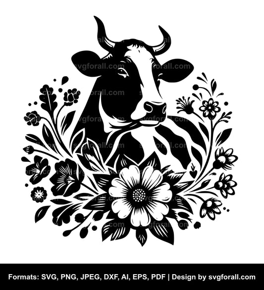 Cow With Flowers Black SVG