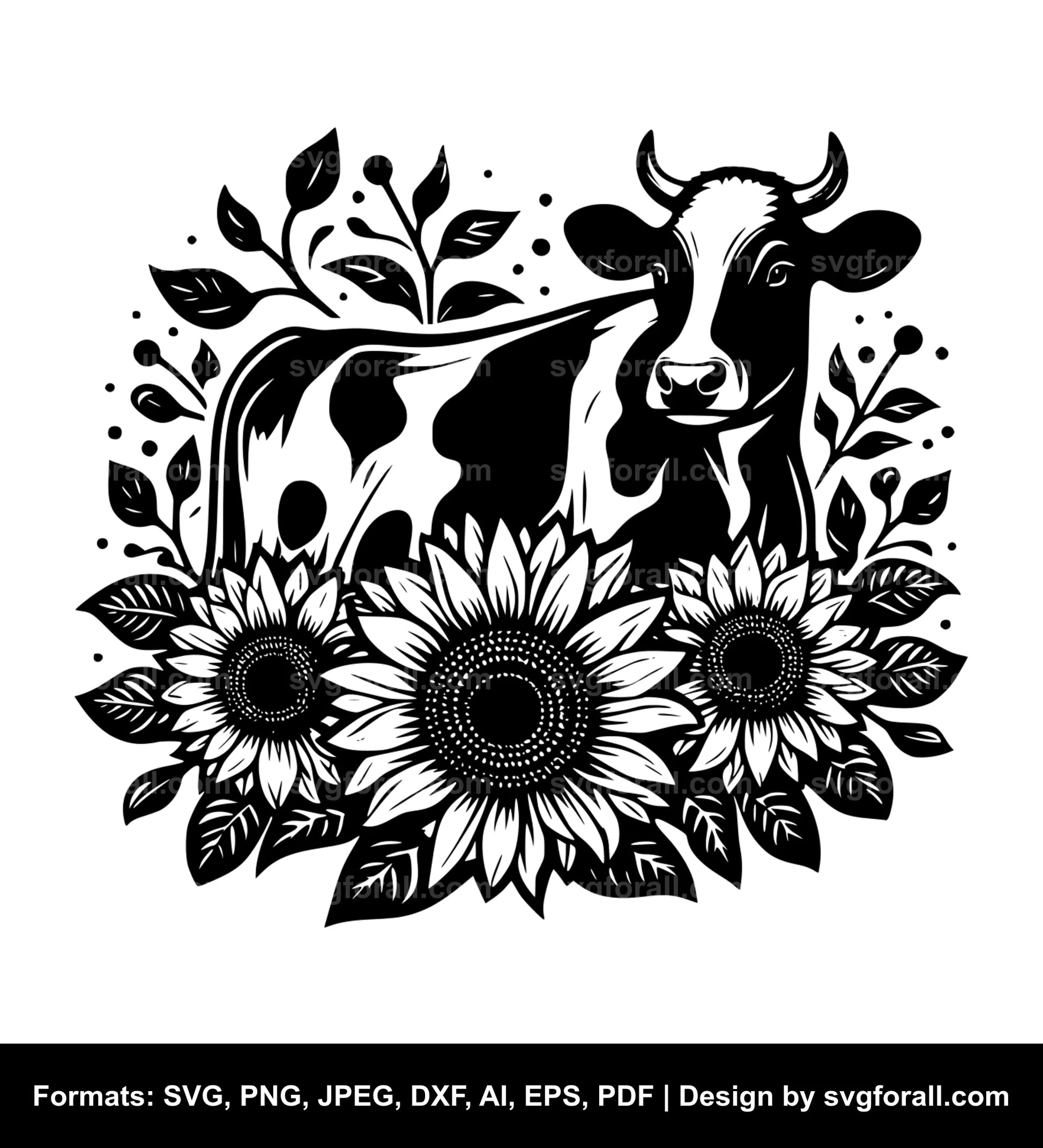 Cow With Sunflowers Black SVG