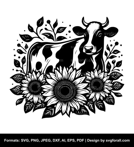 Cow With Sunflowers Black SVG