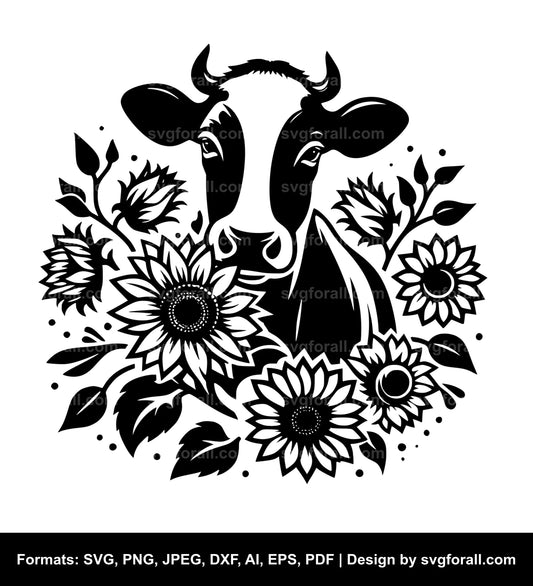 Cow With Sunflowers SVG Vector