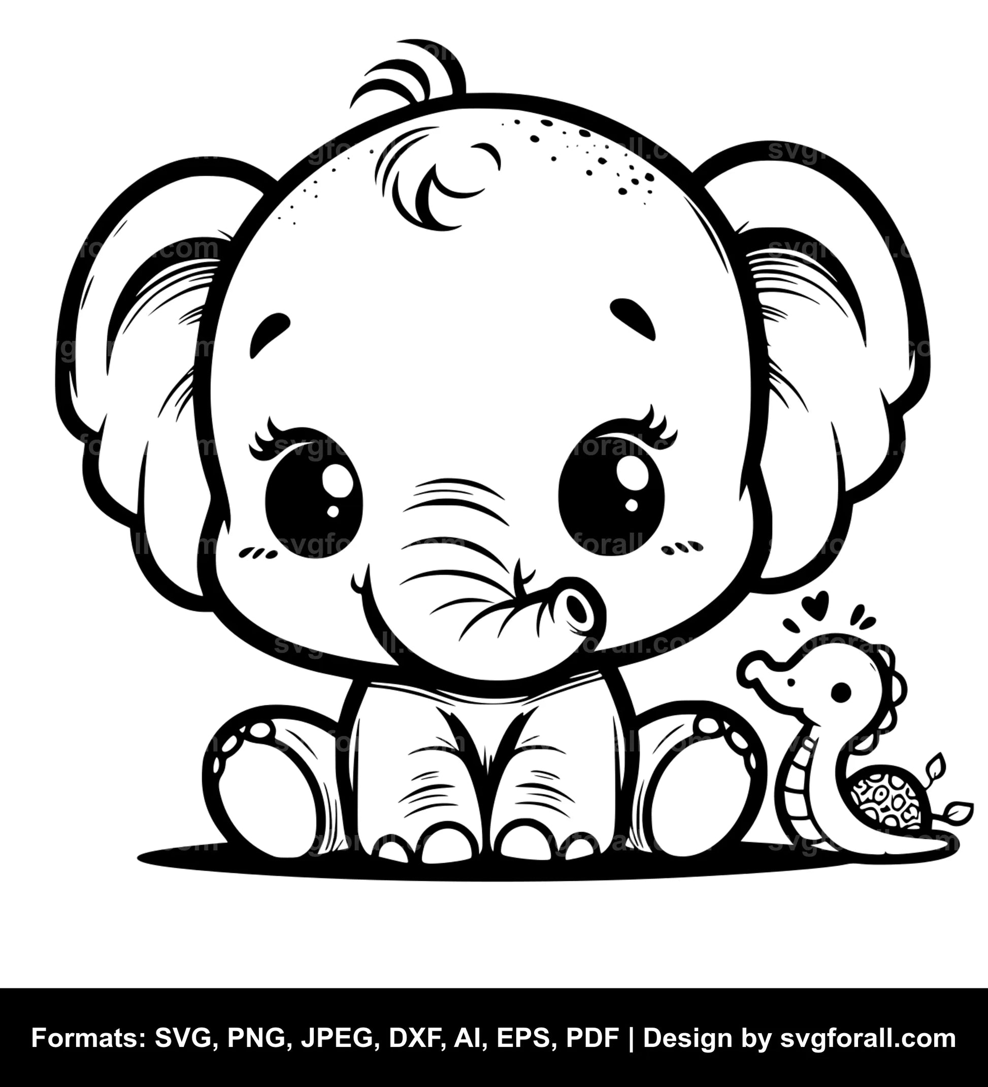 Cute Baby Elephant Black SVG