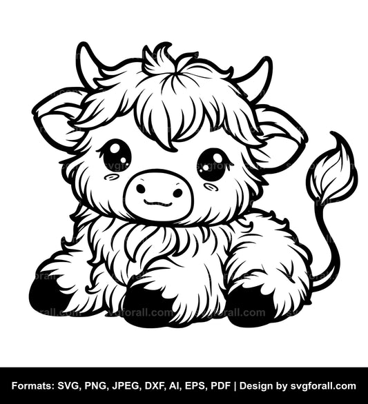 Cute Baby Highland Cow Black SVG