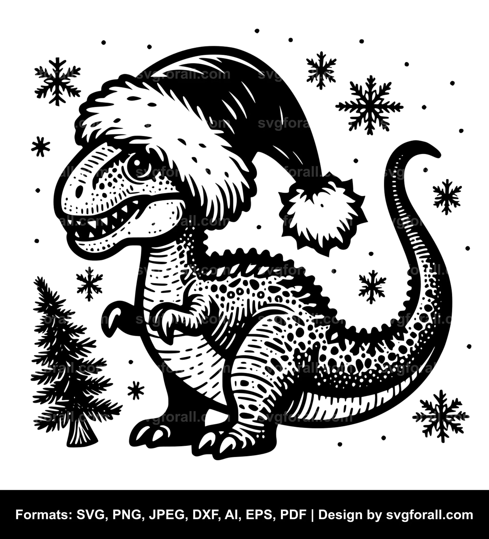 Dinosaur With Santa Hat Black SVG