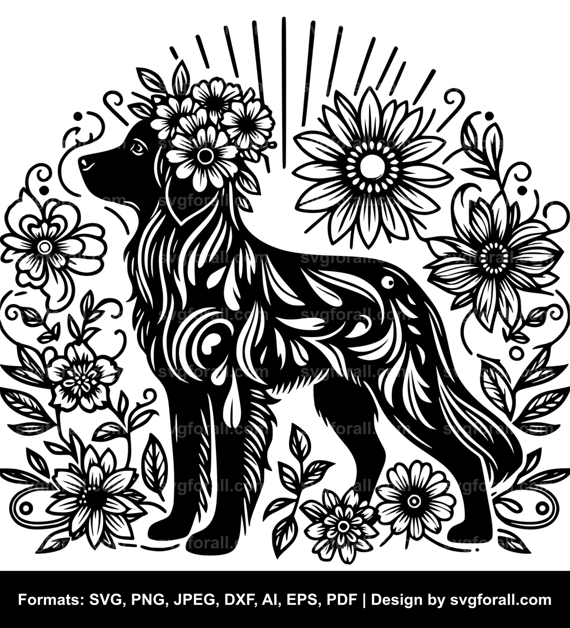 Dog With Flowers Black SVG