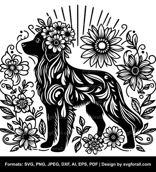 Dog With Flowers Black SVG