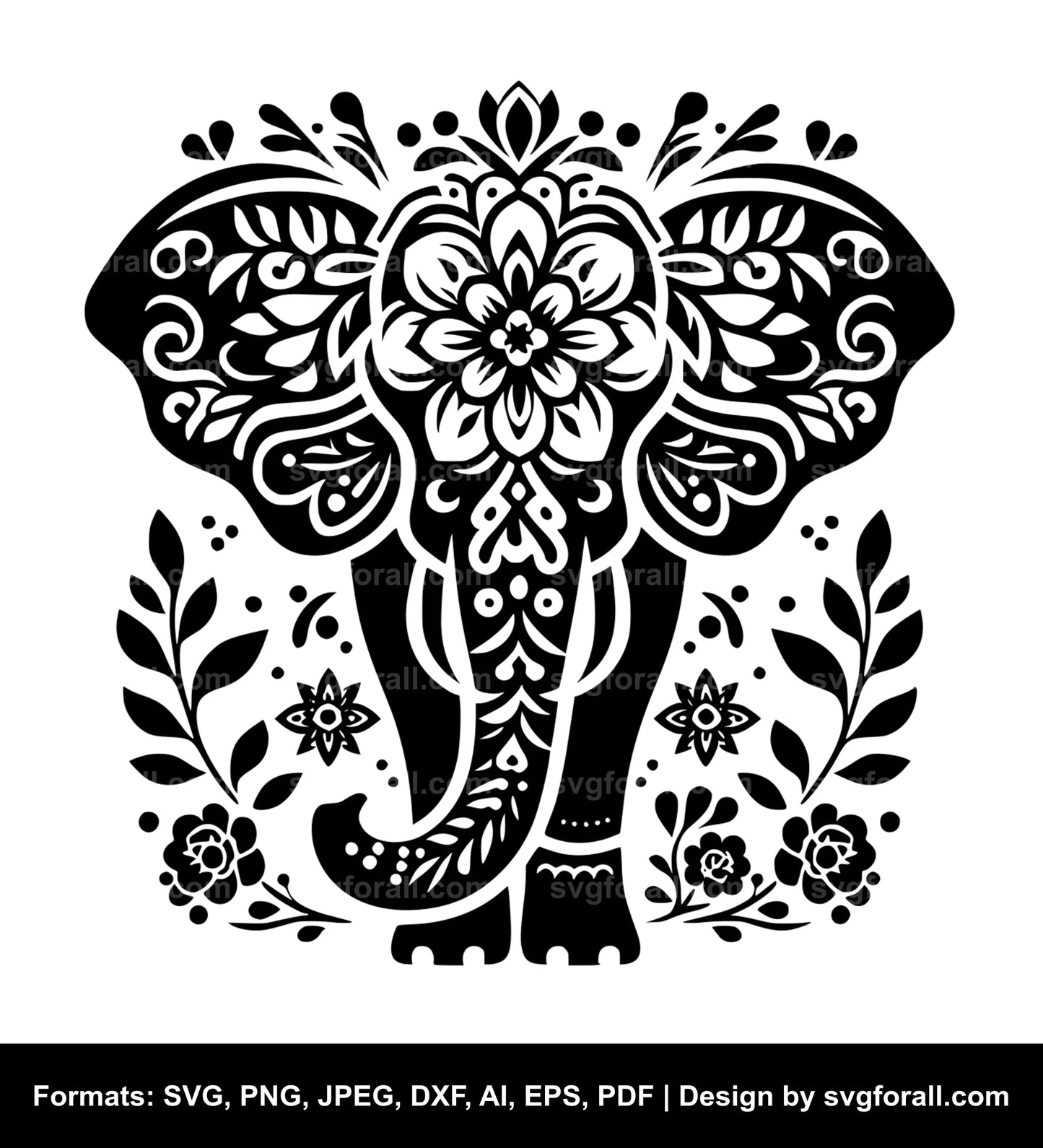 Elephant With Flowers Black SVG