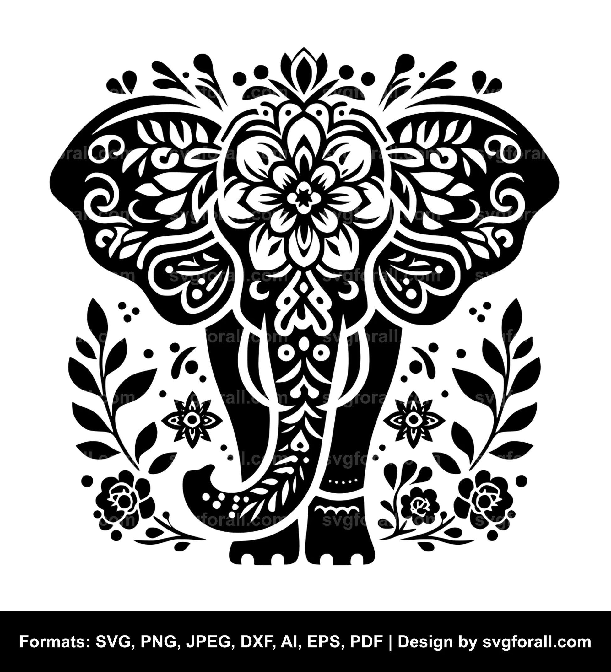 Elephant With Flowers Black SVG