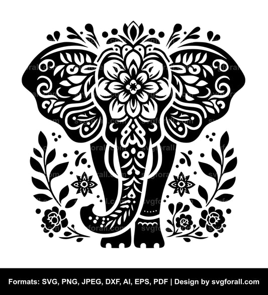 Elephant With Flowers Black SVG